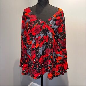 Women’s Black & Red Abstract Blouse Flare‎ Sleeves Flowy Lagenlook Office Sz 2XL
